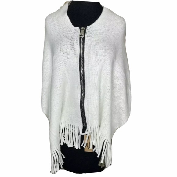 unbranded Sweaters - New Two In One Poncho Scarf Brown White Fringe